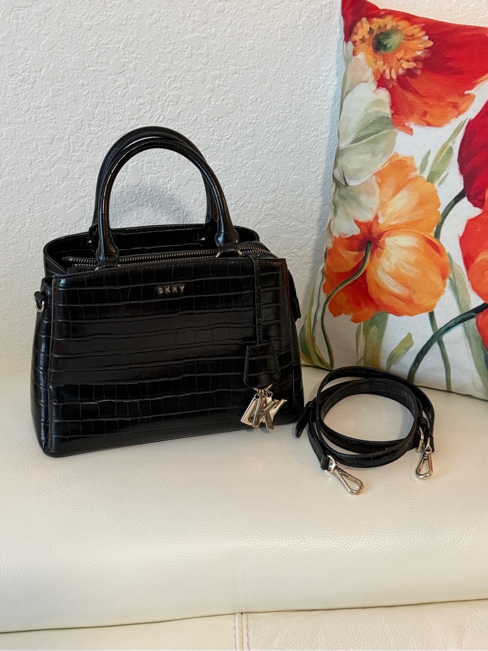 DKNY Black Croc-Embossed Leather Satchel with Detachable Strap